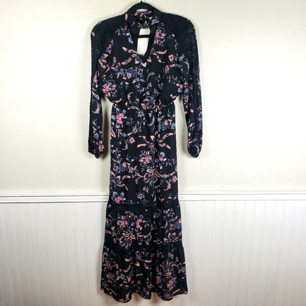Women's Belle & Sky BOHO Black Floral Maxi Tiered Black Lace Dress Size XS